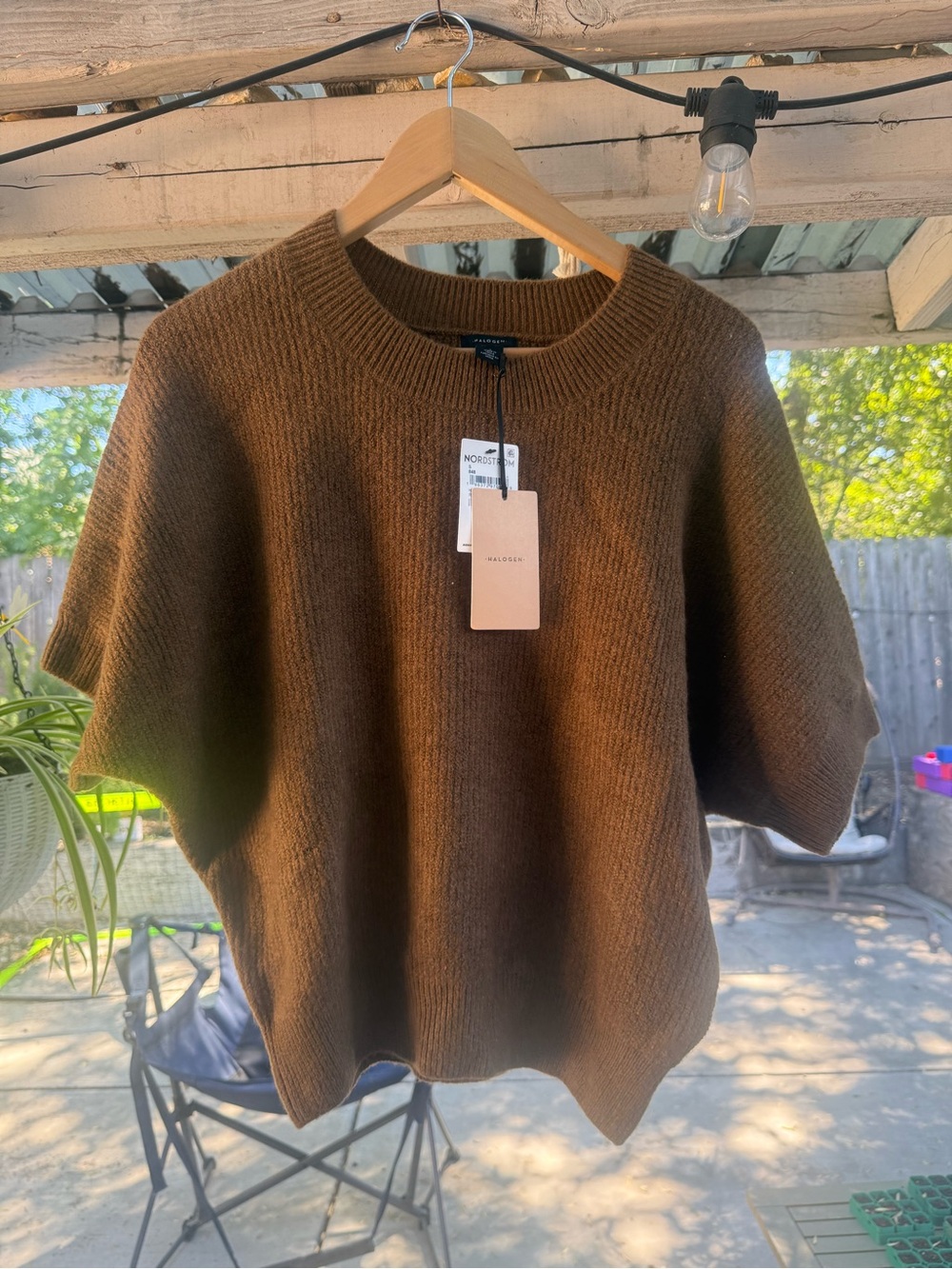 Halogen Brown Ribbed Crewneck Short-Sleeve Sweater